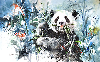 Panda, art, bear, painting, pictura, bamboo HD wallpaper