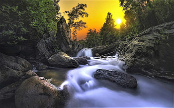 Sunset river, trees, river, nature, rocks HD wallpaper