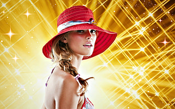 Nina Agdal, white, by cehenot, model, girl, stars, woman, summer, yellow, red, hat HD wallpaper