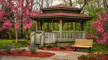Gazebo Surrounded By The Colors Of Spring, bench, trees, flowers, park HD wallpaper
