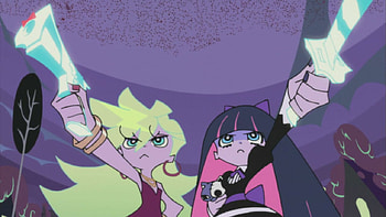Panty & Stocking, night, blond, garterbelt, sword, house, mulicolor, long hair, tree, doll, gun, stocking, hair bow, panty HD wallpaper