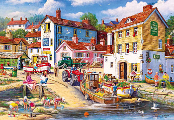 The Four Bells, artwork, sea, painting, boats, people, houses, village HD wallpaper