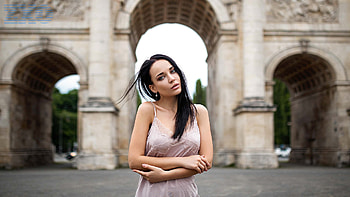 Girl Model Angelina Petrova Is Wearing Light Pink Color Dress Standing In Blur Building Background Girls HD wallpaper