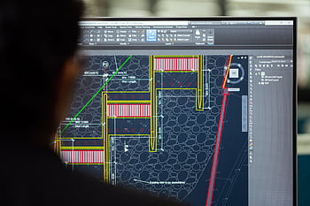 A civil engineer working on a weir design using CAD software on a computer screen in an office setting. HD wallpaper