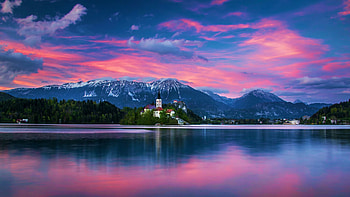 Lake Bled, Slovenia, sunset, island, colors, sky, mountains, water, church, reflections HD wallpaper