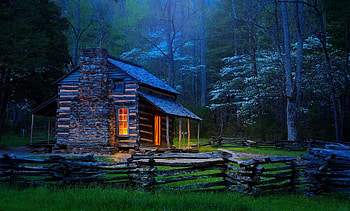 Forest cottage, light, trees, beautiful, cottage, spring, forest, night, wooden, darkness, fence HD wallpaper