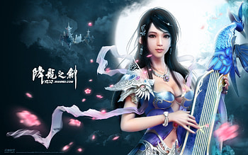 Perfect World, full moon, asian, long hair, oriental, instrument, music, fantasy, video game, petals, cherry blossom, female HD wallpaper
