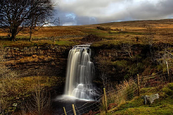 Hellgill Force, falls, water, rock, tree HD wallpaper
