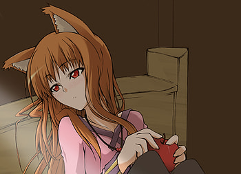 Spice and Wolf, sexy, orange hair, orange eyes, cute, girl, horo, long hair, fox, anime, ears, apple, blush HD wallpaper