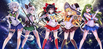 Sailor Moon, Touhou, Anime, Crossover, Marisa Kirisame, Reimu Hakurei, Sakuya Izayoi, Sanae Kochiya, Youmu Konpaku HD wallpaper