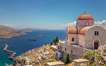 Monastery in Greece, sea, monastery, church, Greece HD wallpaper