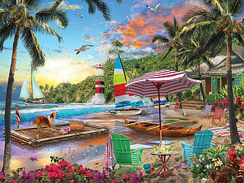 Tropical Paradise, art, palm trees, umbrella, digital, boats, flowers, beach HD wallpaper
