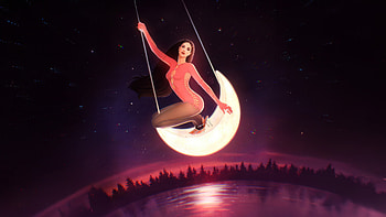 Girl On Glowing Moon Swing, girl, moon, swing, stars, star, artist, artwork, art, digital-art, artstation HD wallpaper