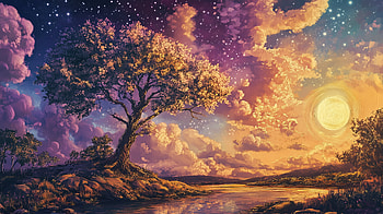 : Artistic Summer Solstice Tree Landscape in Vibrant Twilight, artistic landscape, tree HD wallpaper