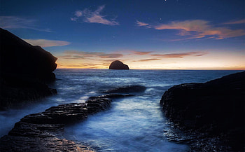 Blue Crown, Cornwall, UK, sunset, coast, sea, colors, clouds, sky, rocks HD wallpaper