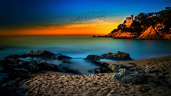 Castle Sant Joan In Costa Brava , Lloret De Mar, Catalonia, Spain, coast, clouds, mediterranean, building, colors, sky, stones, sunset HD wallpaper