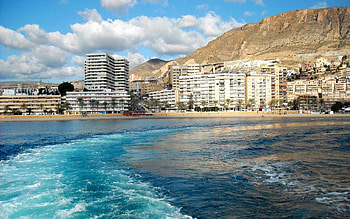 Cities, Water, Sky, Mountains, Sea, Clouds, Waves, City, Building, Country, Spain, Andalusia, Roquetas De Mar HD wallpaper