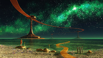 Rendering Night Landscape Colony Water Lake Sea Girl Rocks Buildings Road Stars Fantasy Ocean HD wallpaper