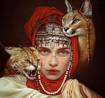 Wild, fantasy, pisici, red, cat, girl, animal, art, jewel, face HD wallpaper