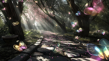 Enchanted Forest Path, path, butterfly, forest, sunlight, nature HD wallpaper
