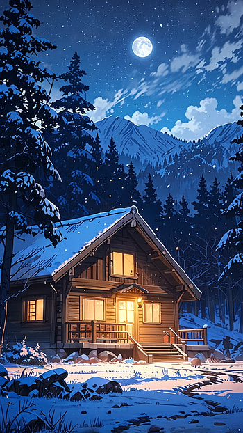 Wooden home in jungle, Anime, star, divine, Home, winter, winter anime HD phone wallpaper