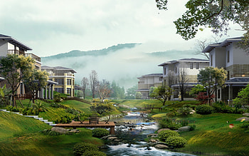 Private Village, clouds, trees, houses, rocks, stream HD wallpaper