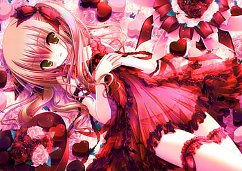 Hearts and Roses, brown eyes, res, roses, chocolate, ribbon, pink hair, dress, hearts, pig tails HD wallpaper