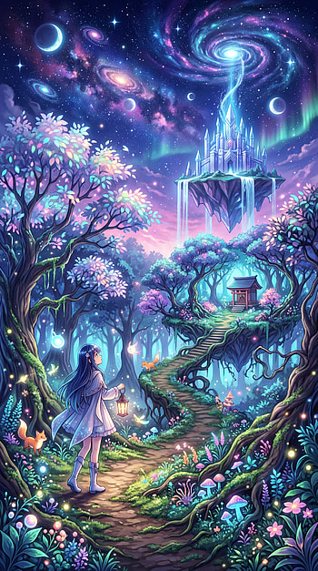 Starlit Anime Forest — , Girl, Castle, Night Sky HD phone wallpaper