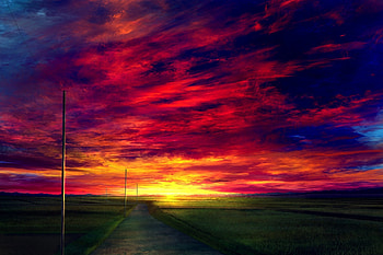 Sunset, road, landscape, anime, clouds HD wallpaper