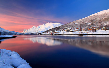 Nature, Houses, Rivers, Sky, Mountains, Snow, Reflection, Smooth, Surface, Water Surface, Silence HD wallpaper
