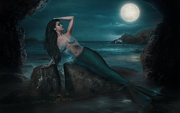 UNDER THE MOON, NIGHT, SKY, OCEAN, FEMALE, MOON, MERMAID HD wallpaper