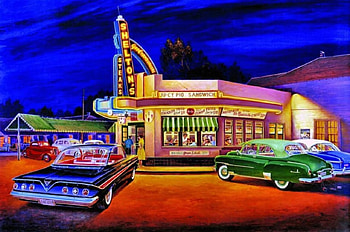 Down at The Sandwich Bar, bar, sandwich, painting, cars HD wallpaper
