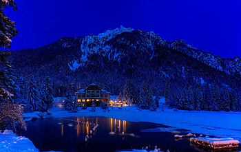 The lake of Dobbiaco, Forest, Snow, Italy, Win, Night HD wallpaper