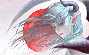 Succubus, blue, white, horns, art, girl, demon, woman, red, face, tagme, luminos, realistic HD wallpaper