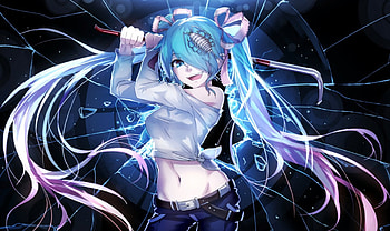 Physics Sword, vocaloid, twin tails, long hair, miku hatsune, shirt, miku, bug, vocaloids, hatsune, twintails, pant, break, glasses, , female, sexy, hatsune miku, twintail, hot, girl, crazy, anime girl, freak, anime, aqua hair, broken, funny, twin tail, silly HD wallpaper