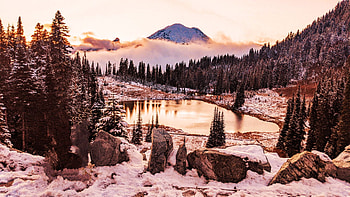Naches, Washington, lake, snow, winter, color, trees, sky, mountains HD wallpaper