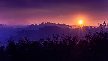 Nature, Sunset, Grass, Sky, Mountains, Sun HD wallpaper