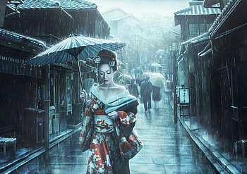 Geisha, street, parasol, kimono, frumusete, art, rain, asian, girl, fantasy, luminos HD wallpaper