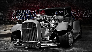 The Coolest Hot Rod, customised, hot rod, black and white, car, graph HD wallpaper