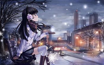 Anime, Winter, Heads, City, Lamp, Lantern, Girl, Bench, Cold, Snowflake, Scarf HD wallpaper