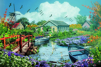 The Beauty of Flowers, windmill, swans, boats, garden, bridge, flowers HD wallpaper