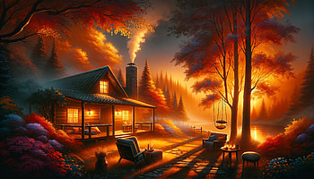 Enchanting Autumn Cabin Sunset, fall colors, cabin, fall, Autumn HD wallpaper