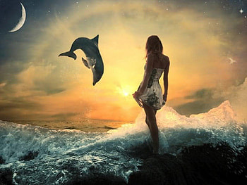 Watching with Wonder, waves, abstract, fantasy, girl, dolphin HD wallpaper