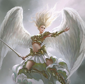 Angel, golden, wings, sword, fantasy, art, girl, luminos, panjoool, armor HD wallpaper