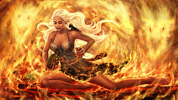 Daenerys Targaryen, yellow, dragon, mother, girl, fire, orange, game of thrones, fantasy HD wallpaper