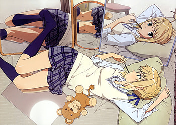 Saber, mirror, anime, fate stay night, stuffed animal HD wallpaper