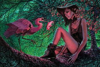 Cooperation, painting, bird, fish, girl, tree HD wallpaper