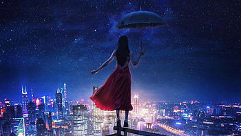 Next Step, umbrella, red-dress, alone, artist, artwork, digital-art HD wallpaper