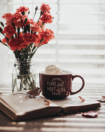 Flowers, Words, Cup, Inscription, Book HD phone wallpaper
