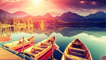 Beautiful Scenery, boat, colorful, trees, autumn, sky, lake, serenity, mountain HD wallpaper